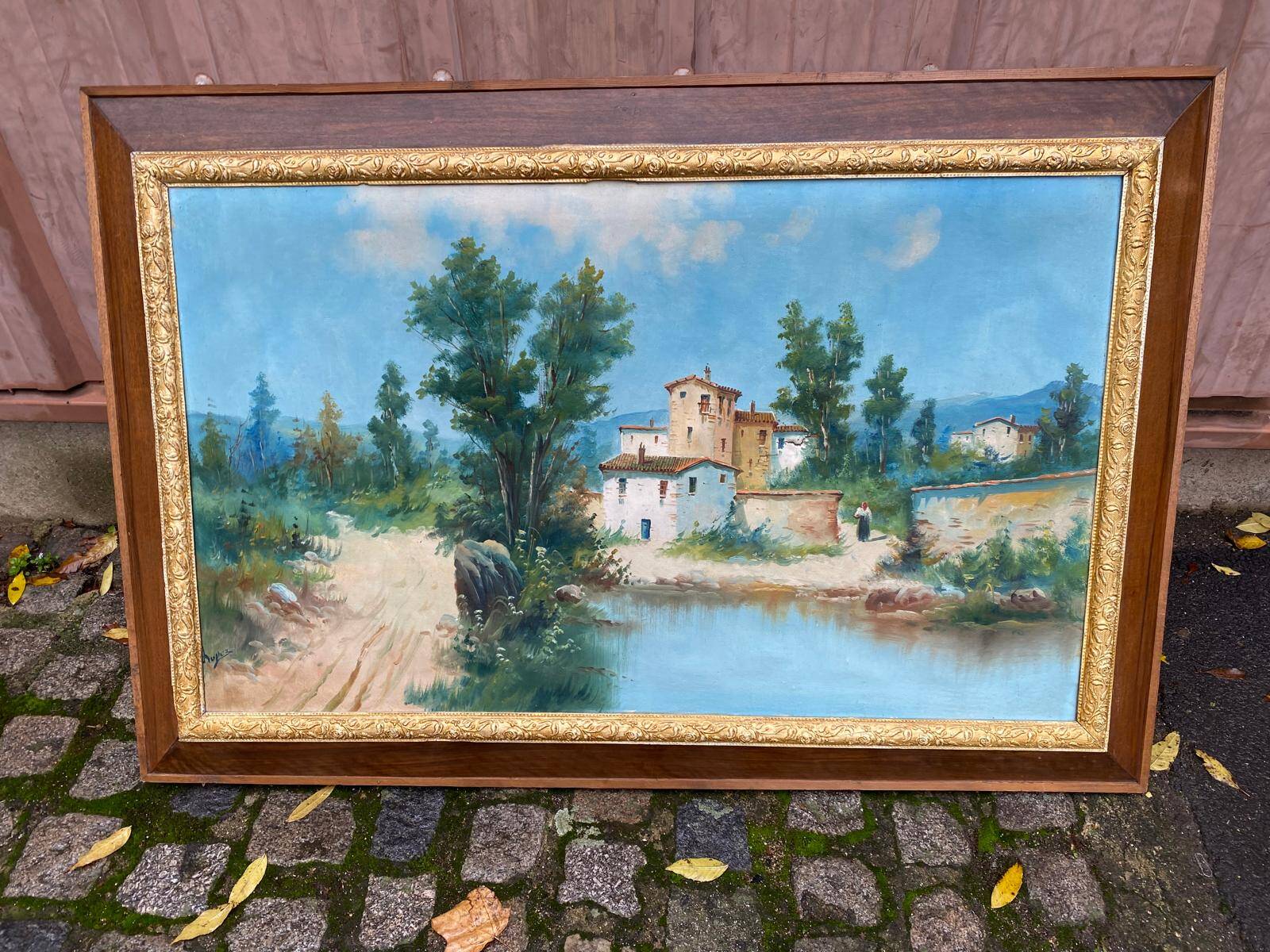 Oil painting on canvas, house and lake, 120x80cm