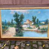 Oil painting on canvas, house and lake, 120x80cm