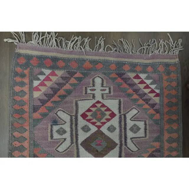 1970s Vintage Turkish Oushak Handmade Wool Cotton Purple Runner Rug 97x385