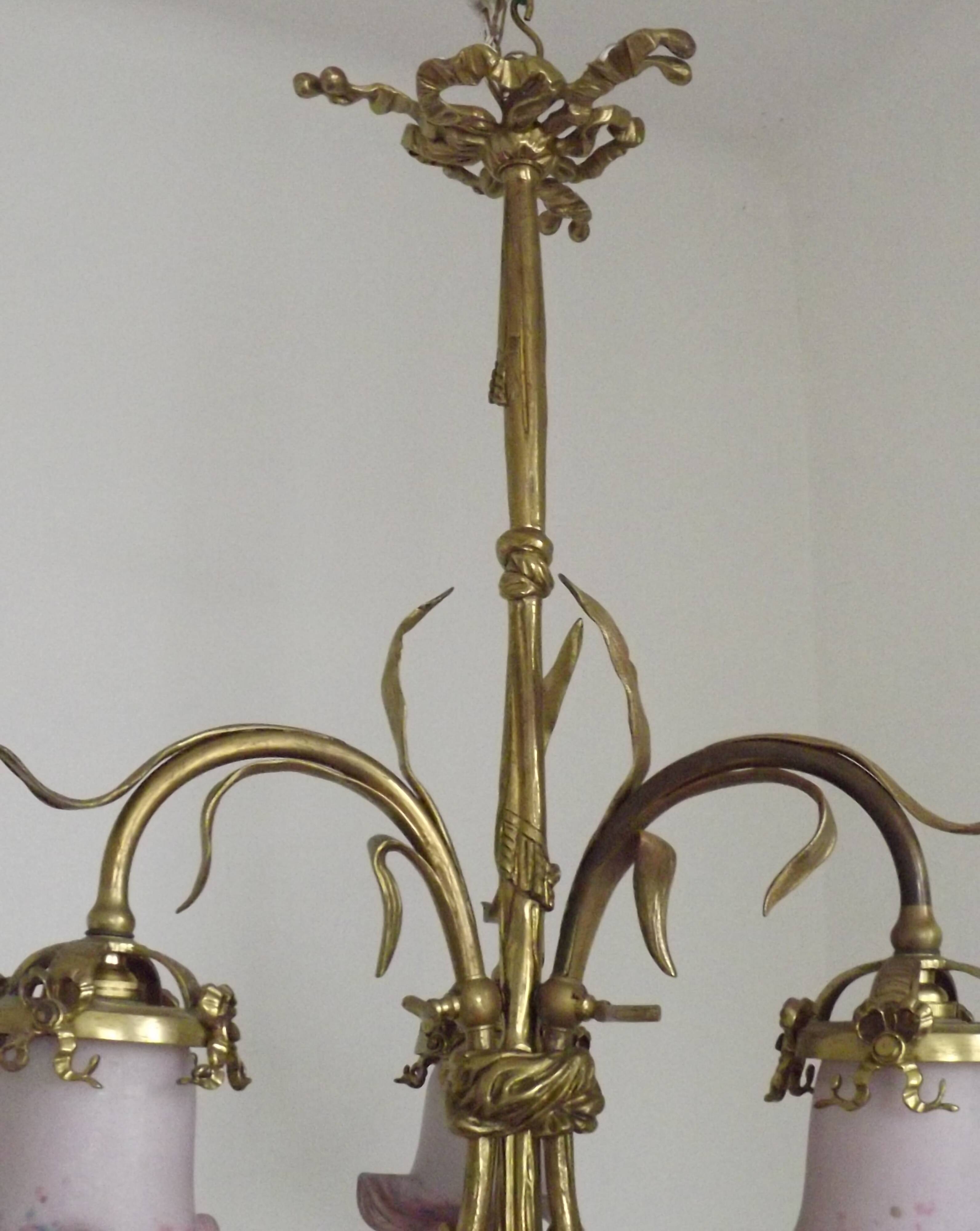 French Antique Late 1800s 3-Light Gilt Bronze Chandelier Art Glass Shades 5089