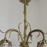 Lustre à 3 lumières en bronze doré, abat-jour en verre d'art 5089
