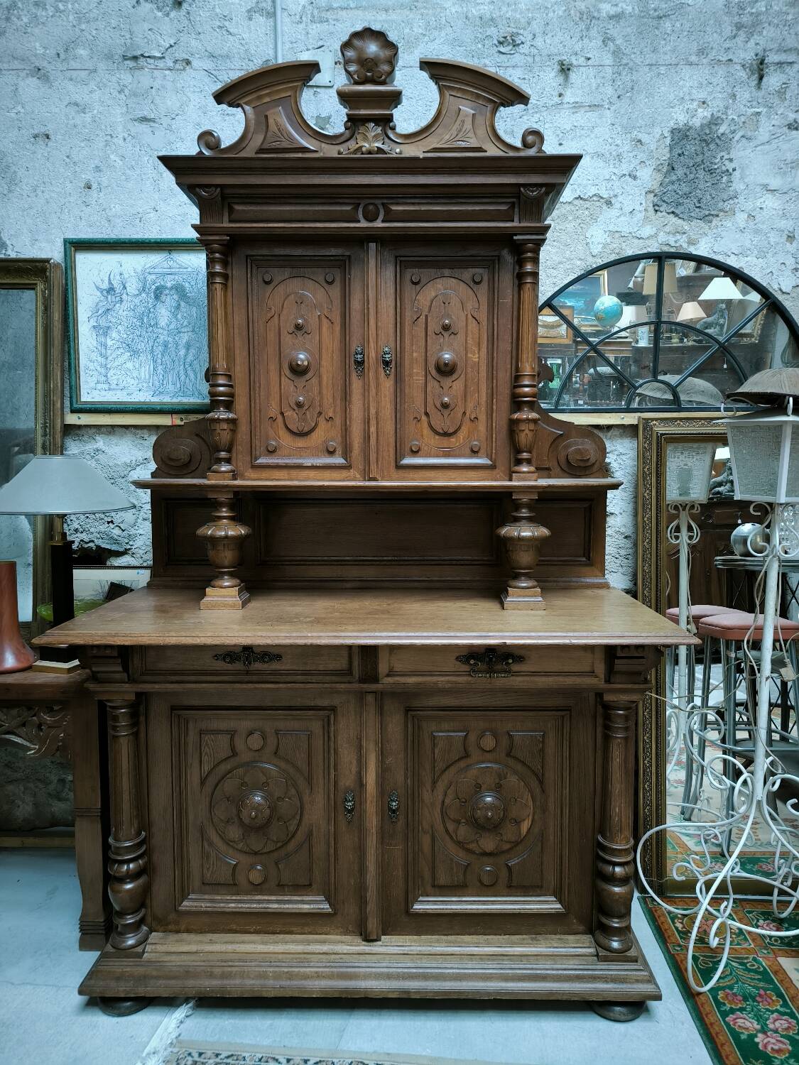 Two-part solid oak buffet circa 1880