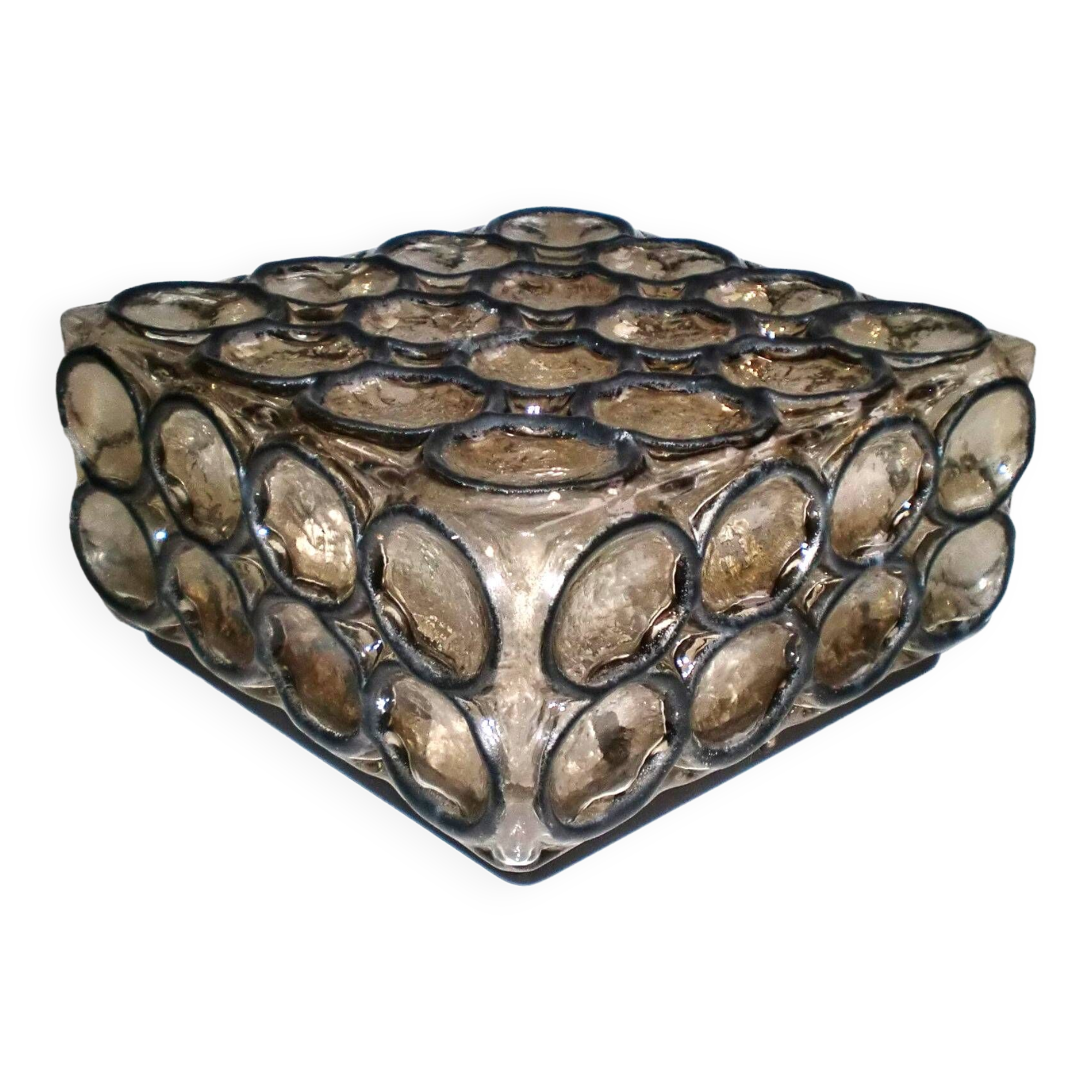 Vintage 1960s German iron ring glass ceiling lamp by Limburg