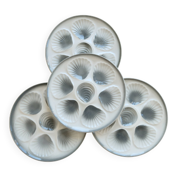 4 vintage oyster plates Moulin des Loups earthenware in blue-grey gradient