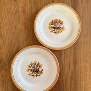 2 flat ironstone plates, Carnations, Creil and Montereau