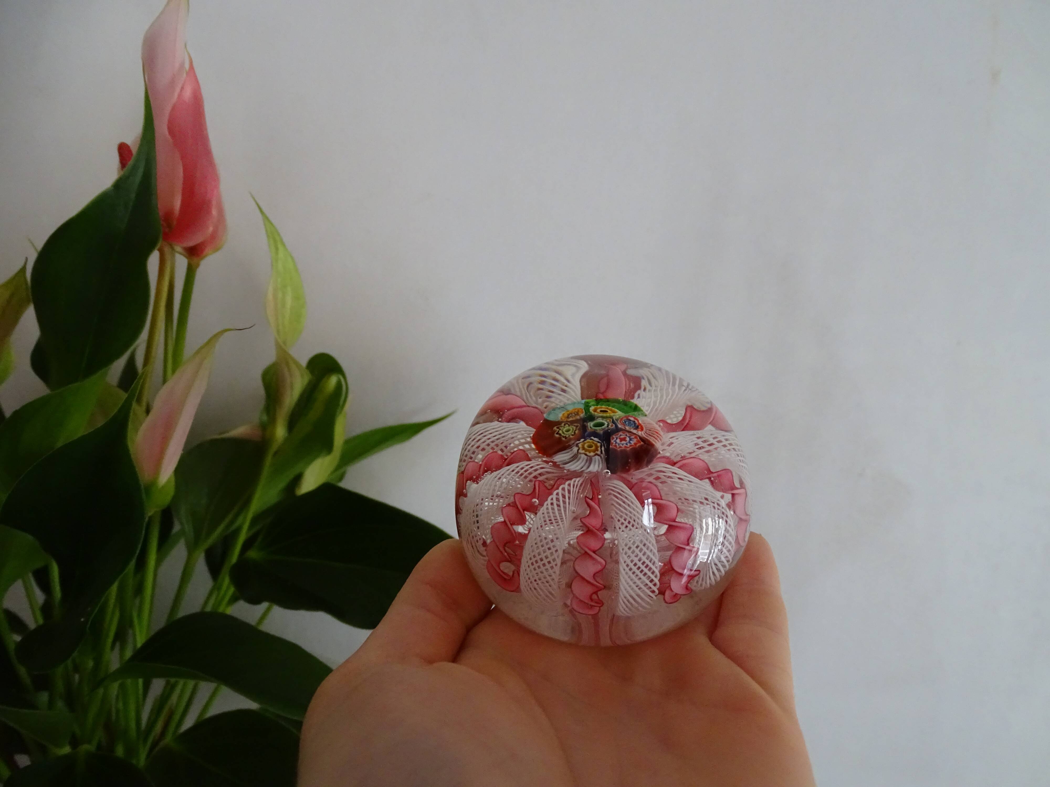 Murano paperweight millefiori and latticino twisted ribbons