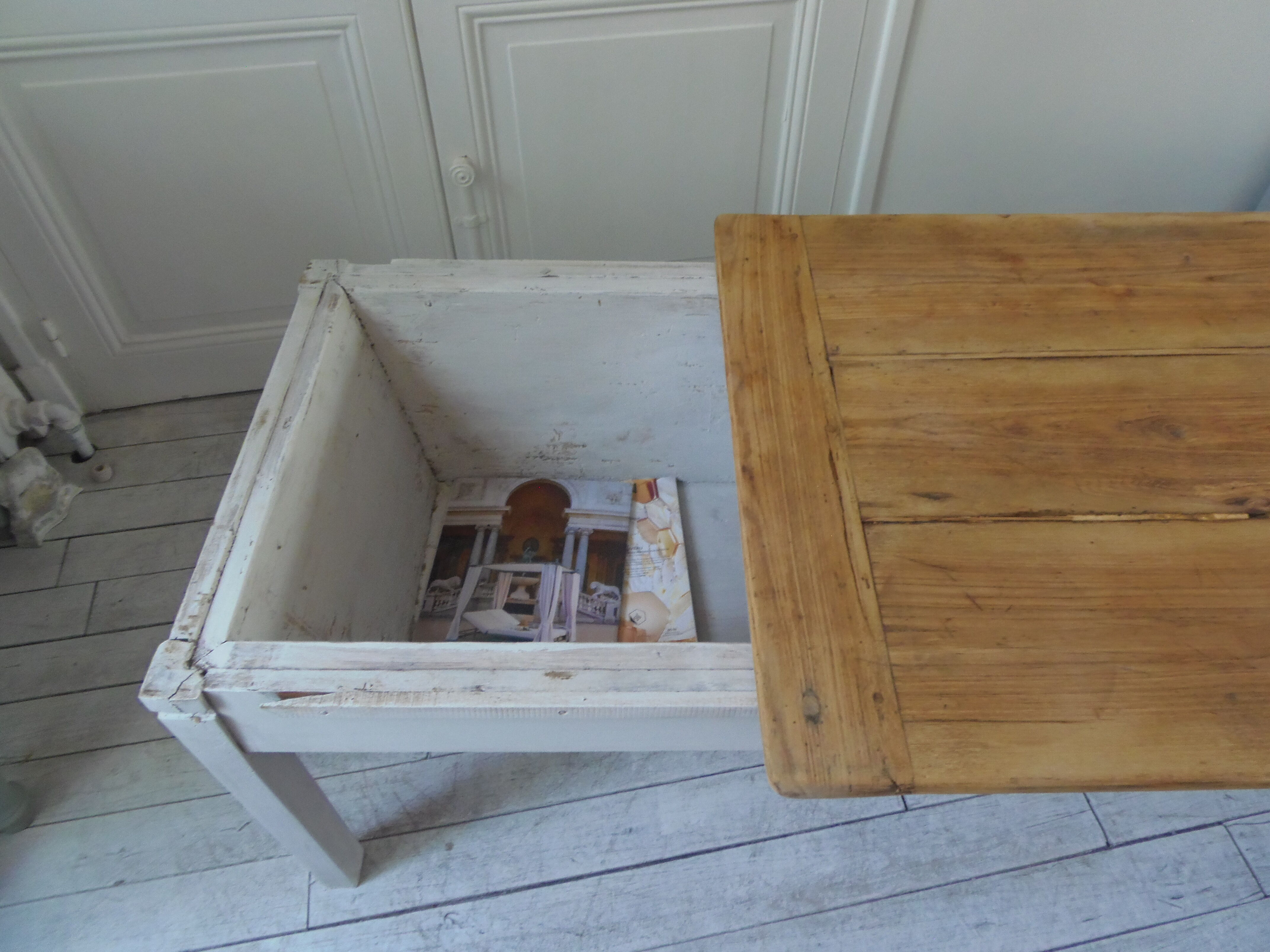 Coffee table made from an authentic farmhouse table, leg patinated pearl gray
