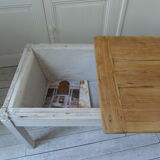 Coffee table made from an authentic farmhouse table, leg patinated pearl gray