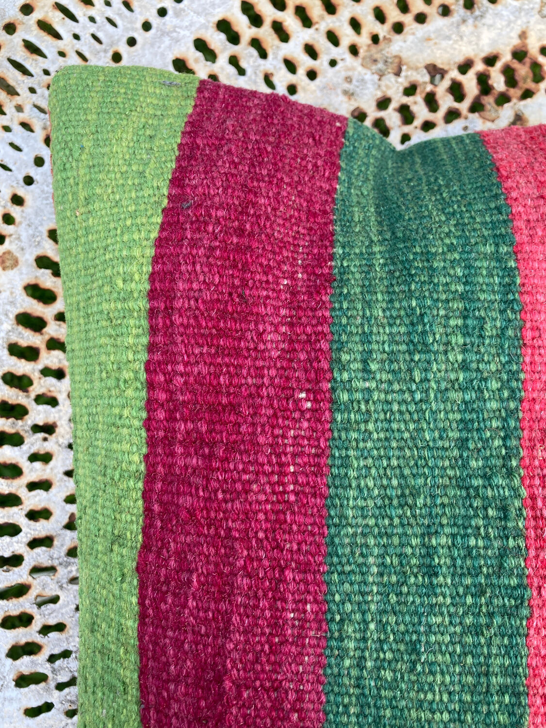 Turkish kilim cushion with stripes green red orange and blue 50x50cm