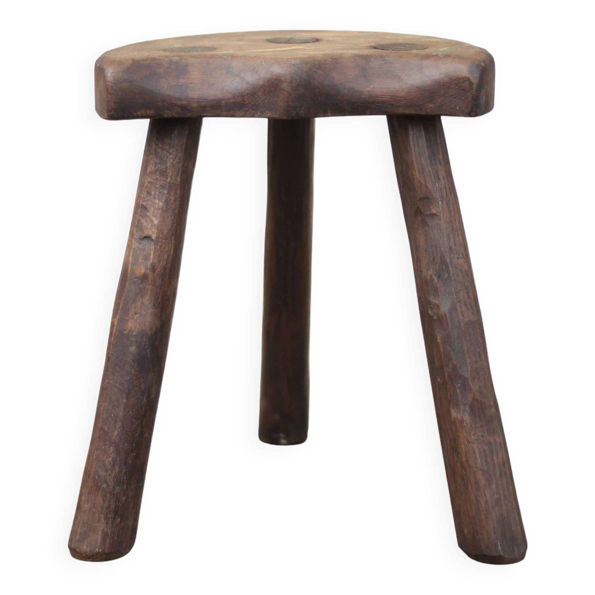 Vintage wooden tripod stool, mountain work, wabi-sabi, shepherd.
