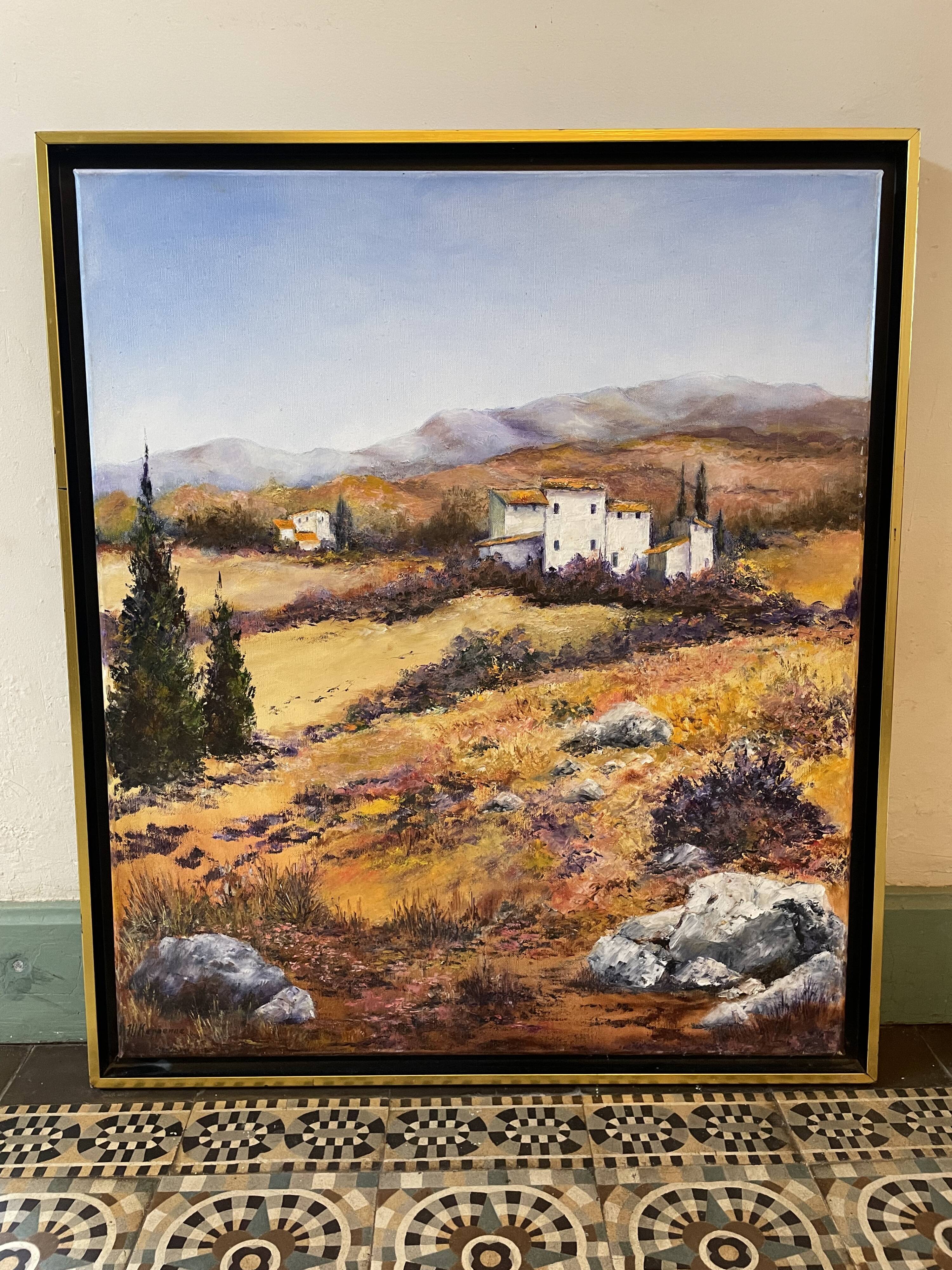 Oil painting landscape on canvas signed View of Provence