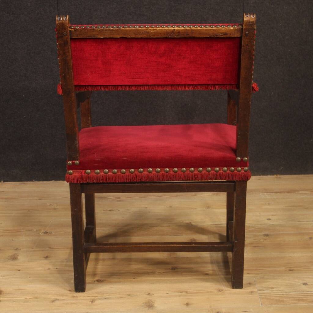 Antique Italian Walnut Armchair With Red Fabric From 19th Century