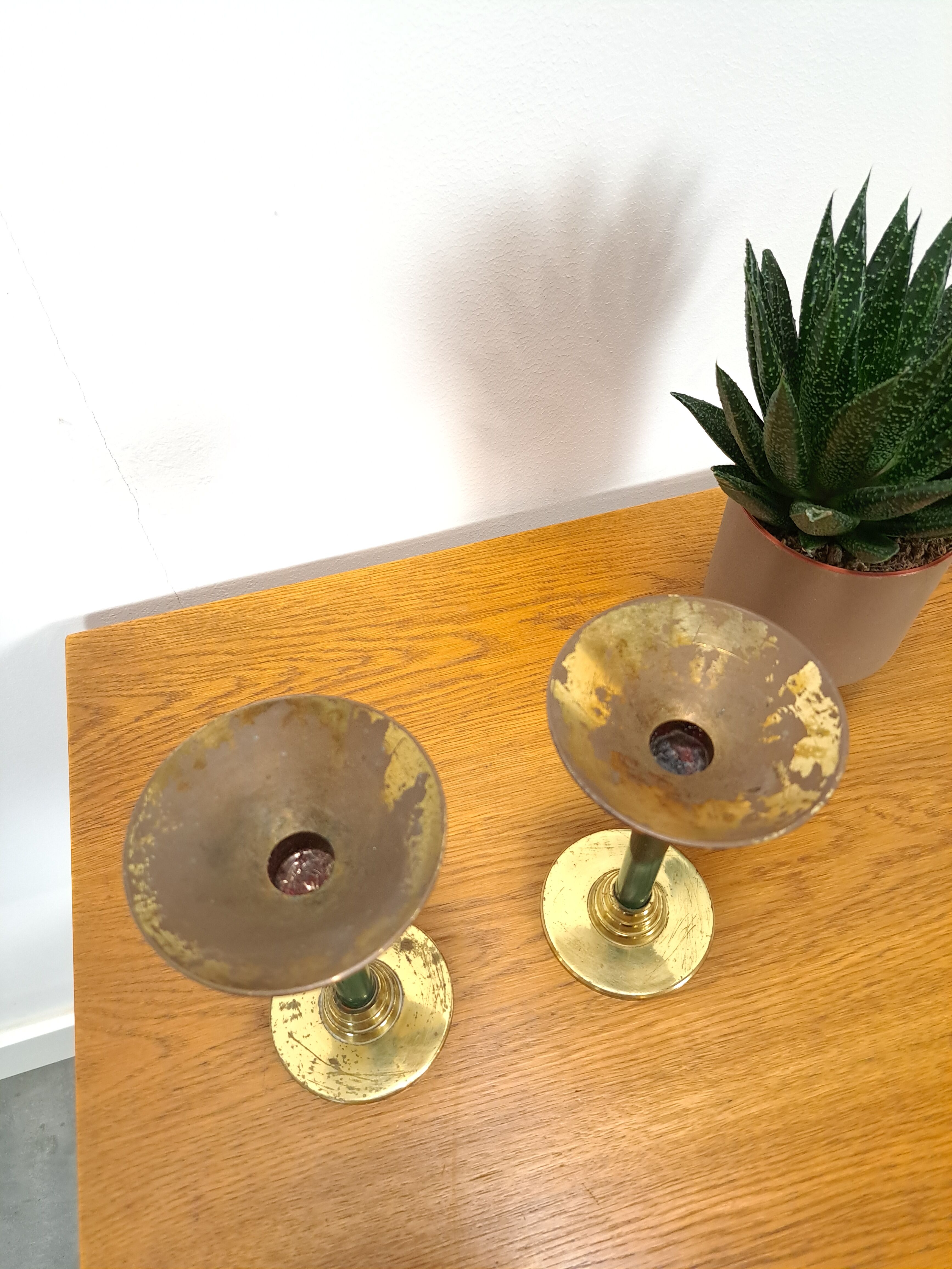 Brass candlesticks with dark green vintage