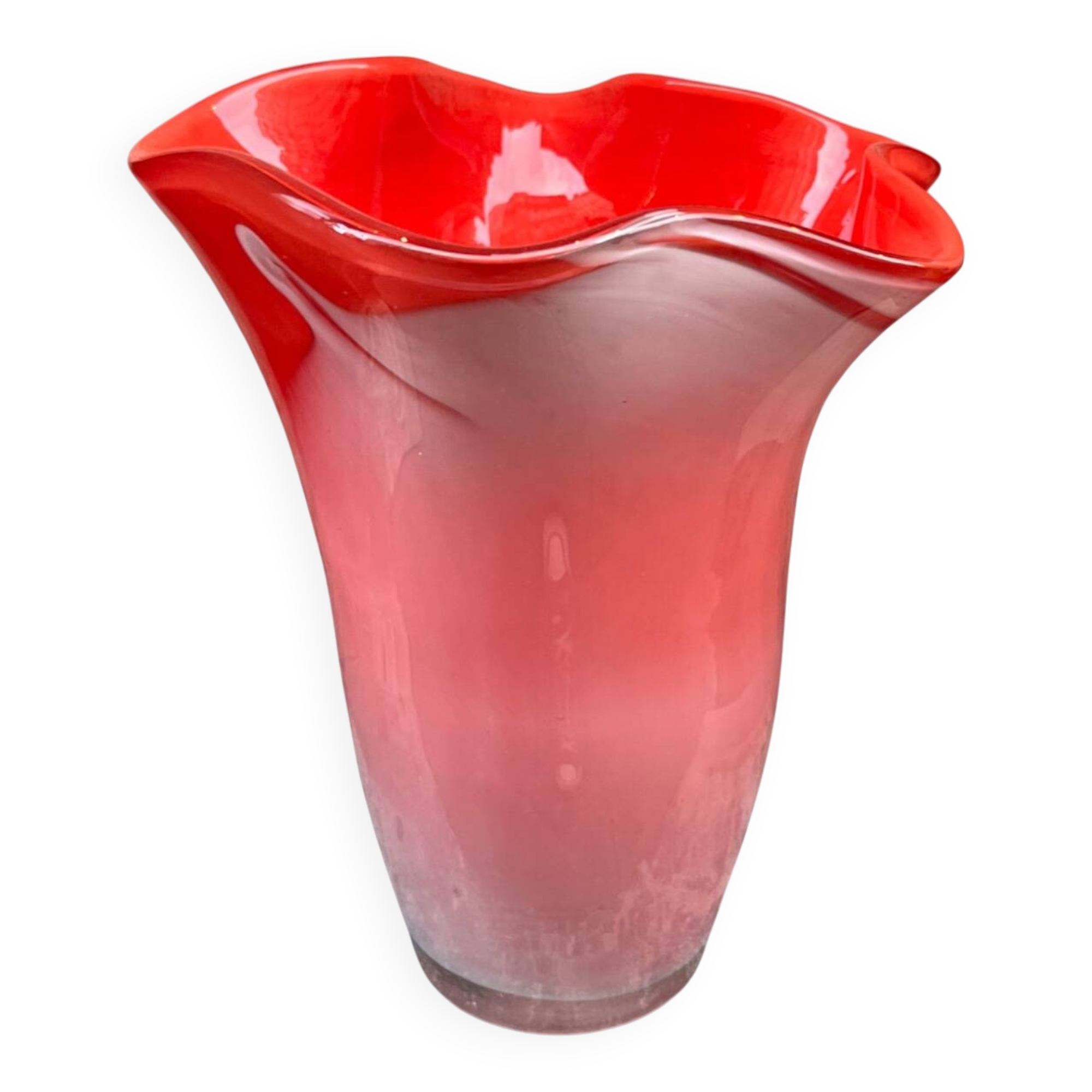 Large red blown glass vase, Japanese KURATA, 1970s, Made in Japan