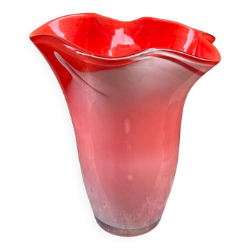 Large red blown glass vase, Japanese KURATA, 1970s, Made in Japan
