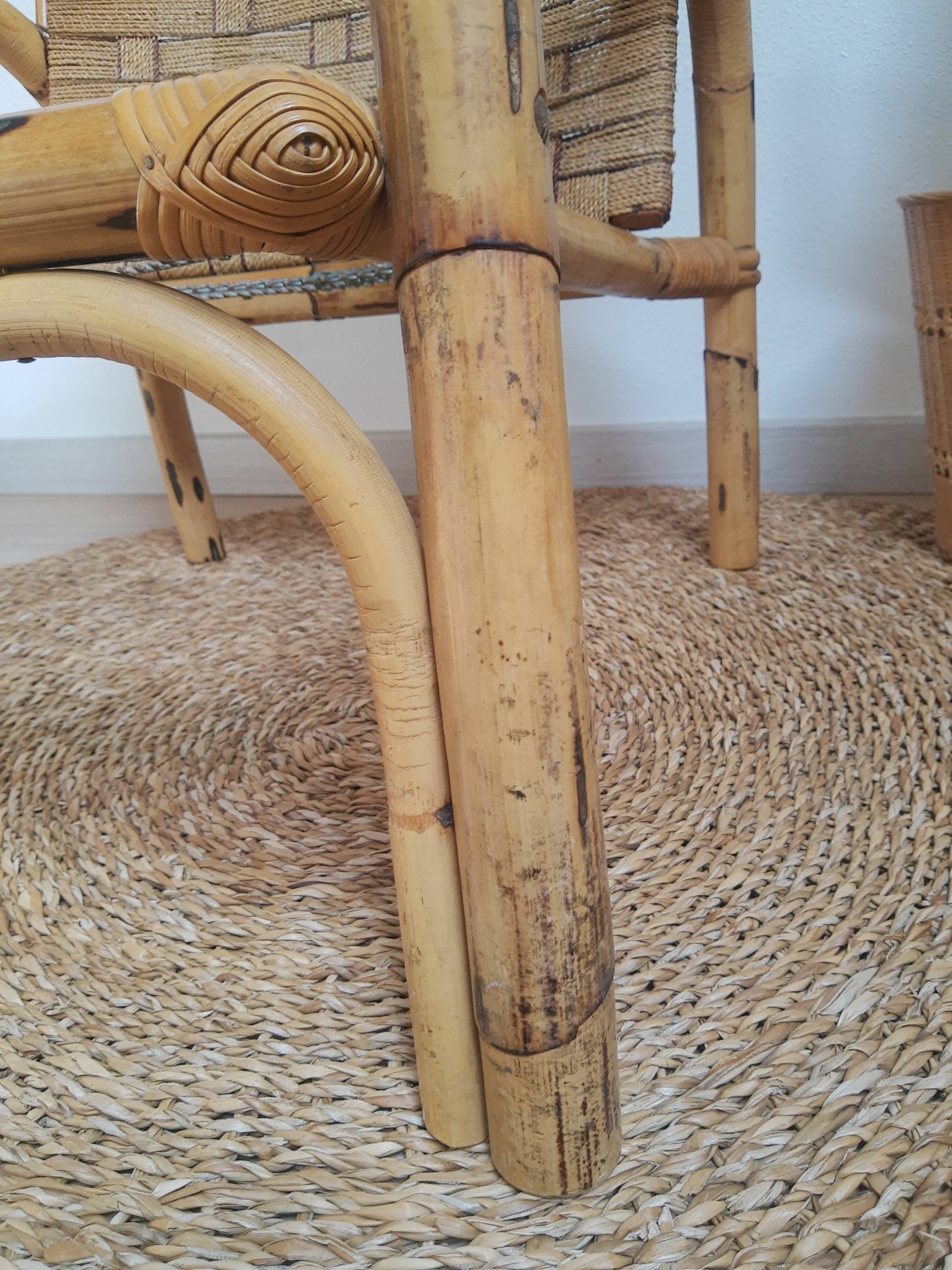 Vintage rattan and braided rope armchair