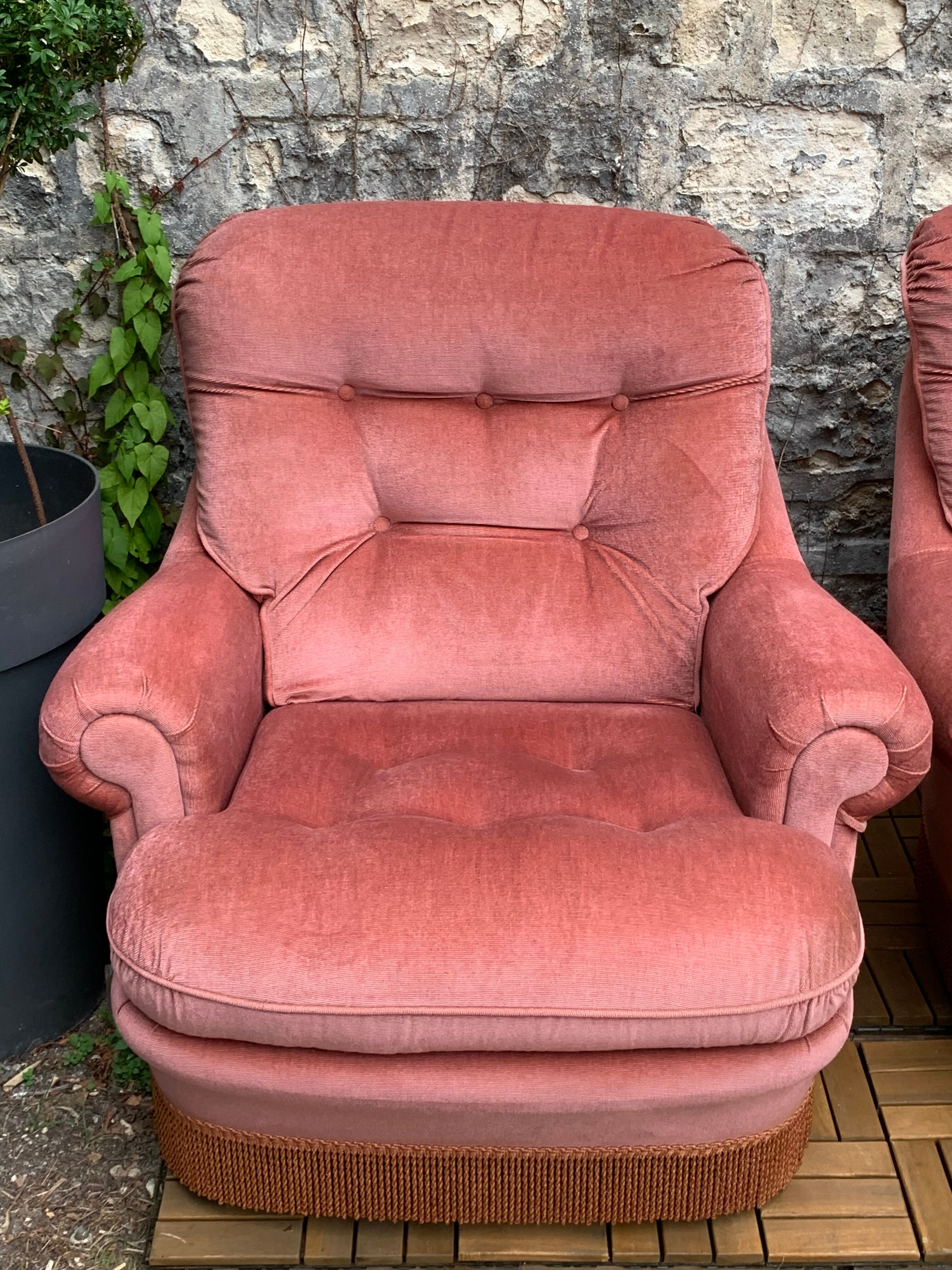 Pair of pink velvet toad armchairs, 1970s
