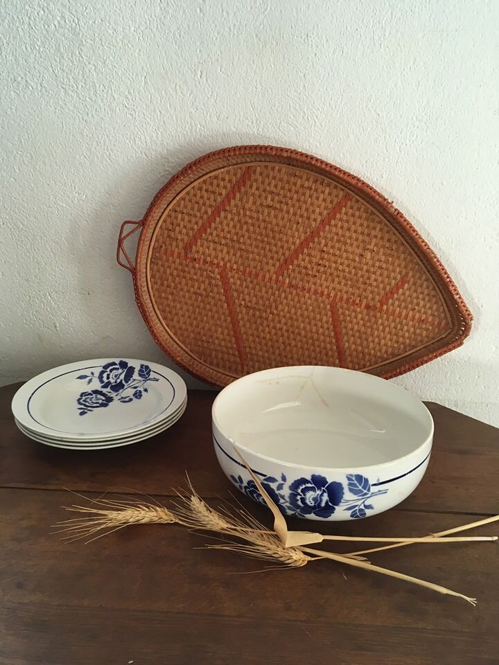 Ancient flowered salad bowl in blue St Amand