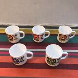 Old pitcher service - 5 mobil opaline white cups - vintage 70s drawing