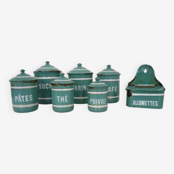 Enameled sheet metal spice jars, spice and match storage. 1930s