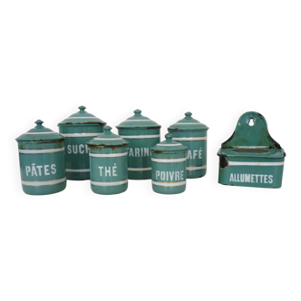 Enameled sheet metal spice jars, spice and match storage. 1930s