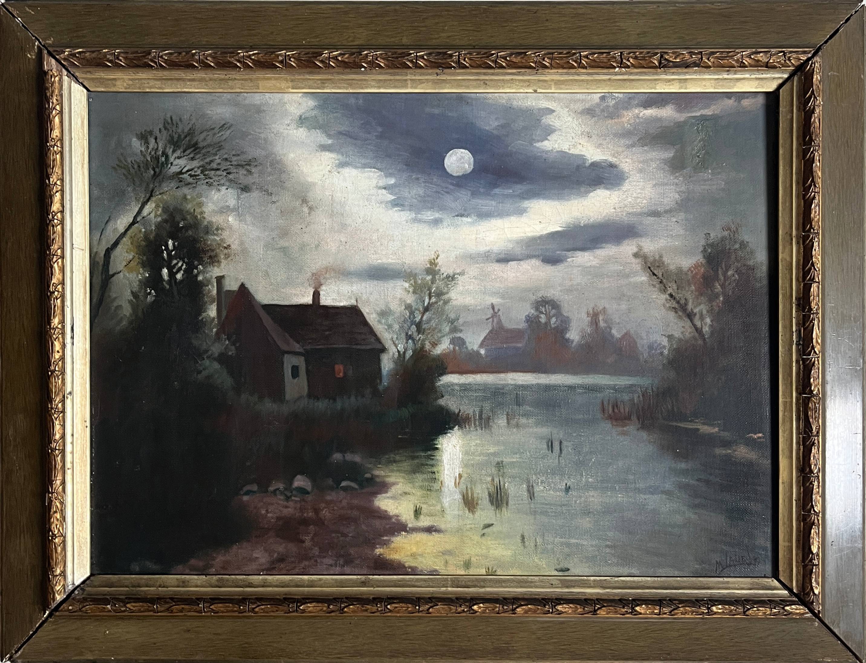 Pendant of HST painting "Landscape in the moonlight" signed + frame circa 1920