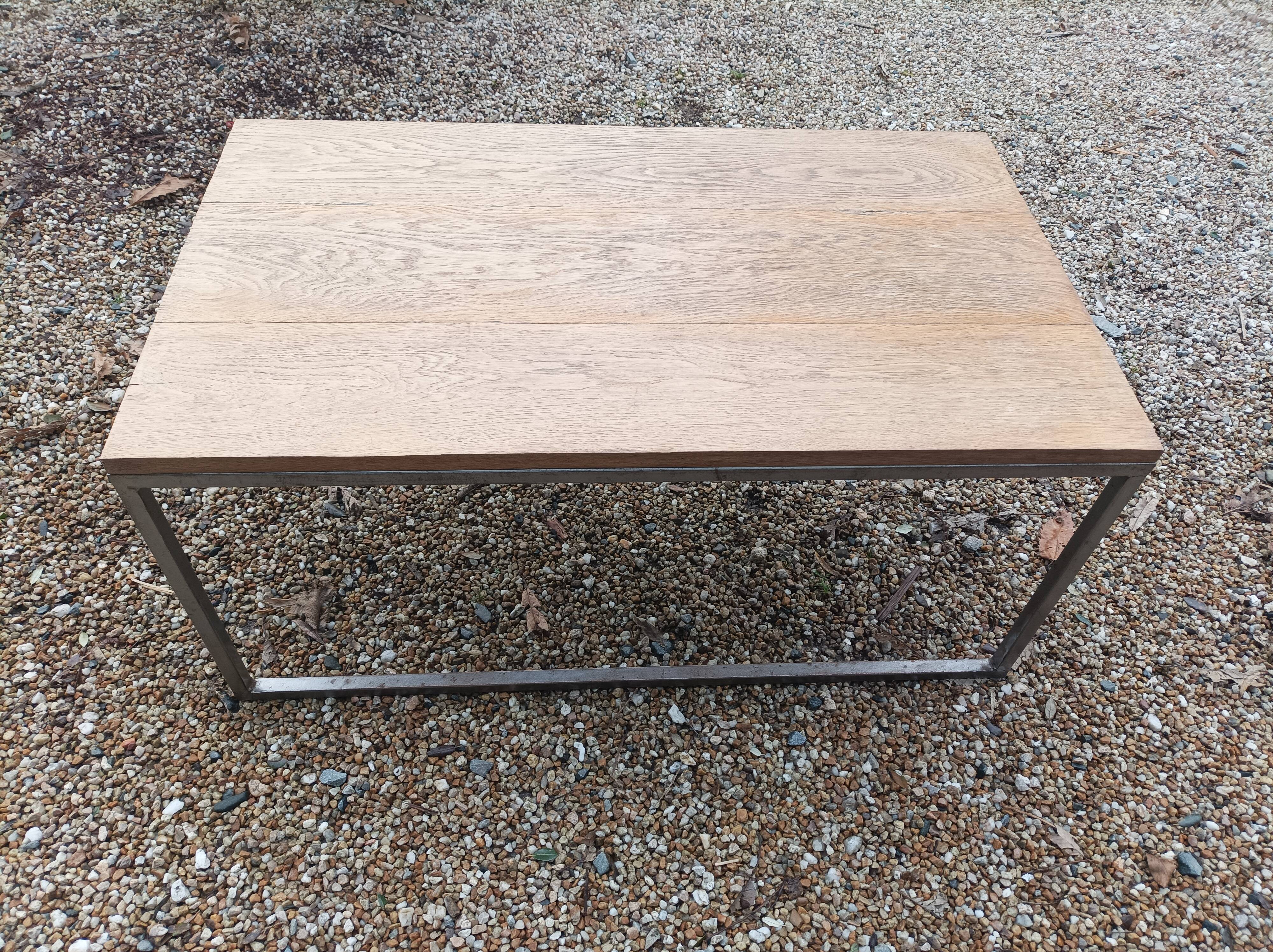 Solid wood living room coffee table with patinated metal legs