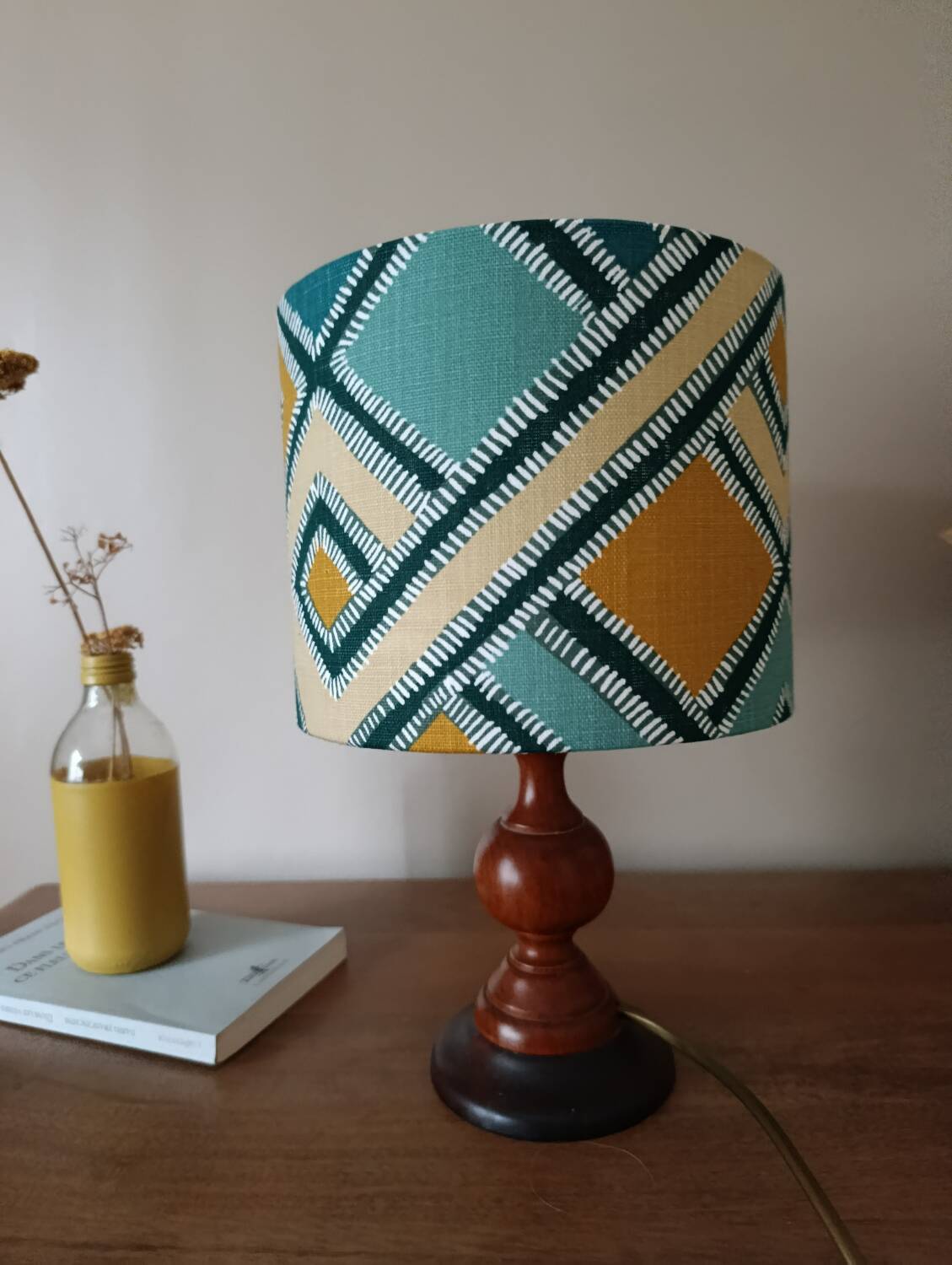 rustic chic turned wooden floor lamp, graphic linen lampshade