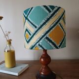 rustic chic turned wooden floor lamp, graphic linen lampshade