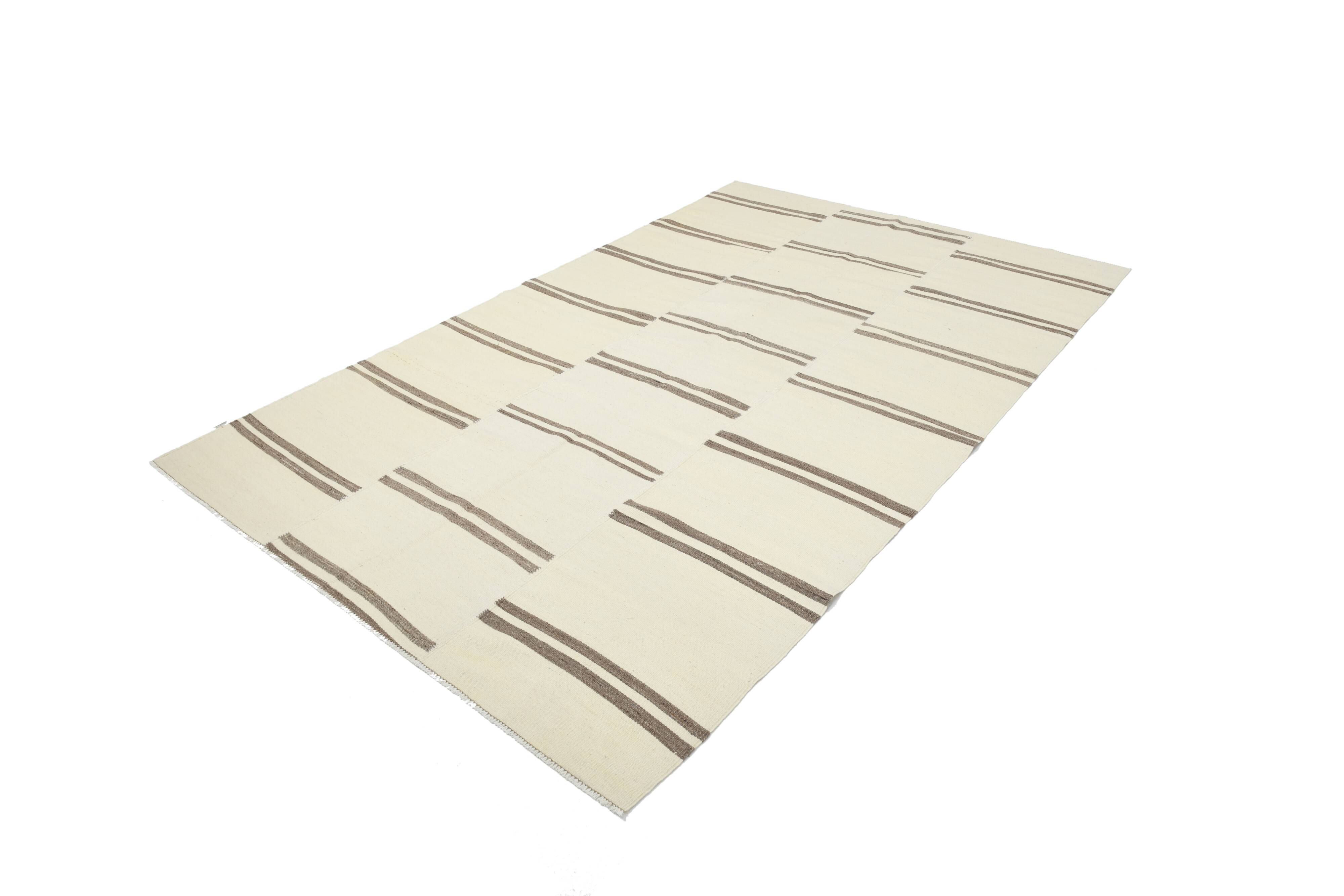 6x9 Cream & Brown Contemporary Vintage Kilim Rug, 184x282Cm