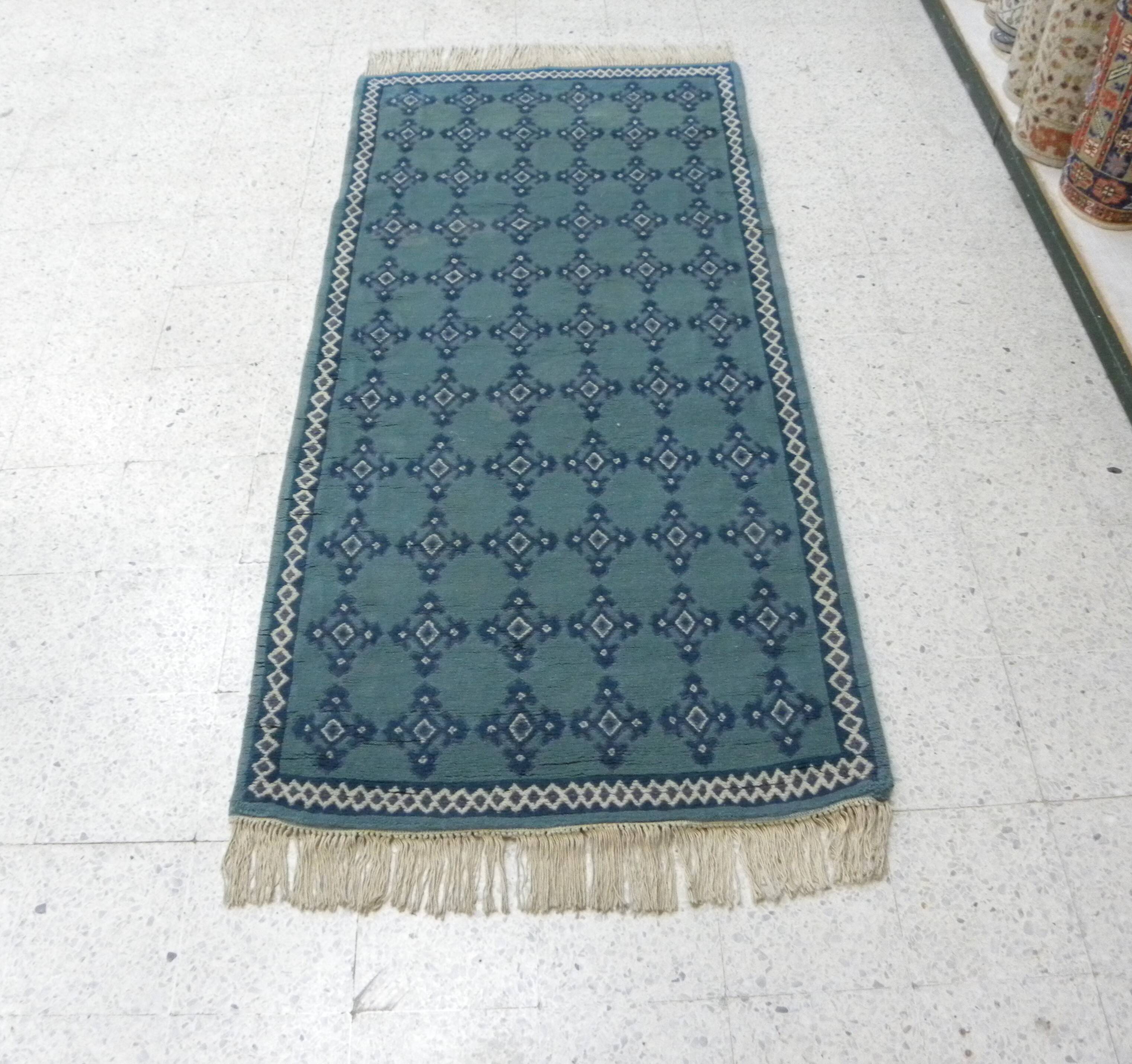 Vintage Traditional Oriental Carpet Green Blue Hand-Knotted Wool