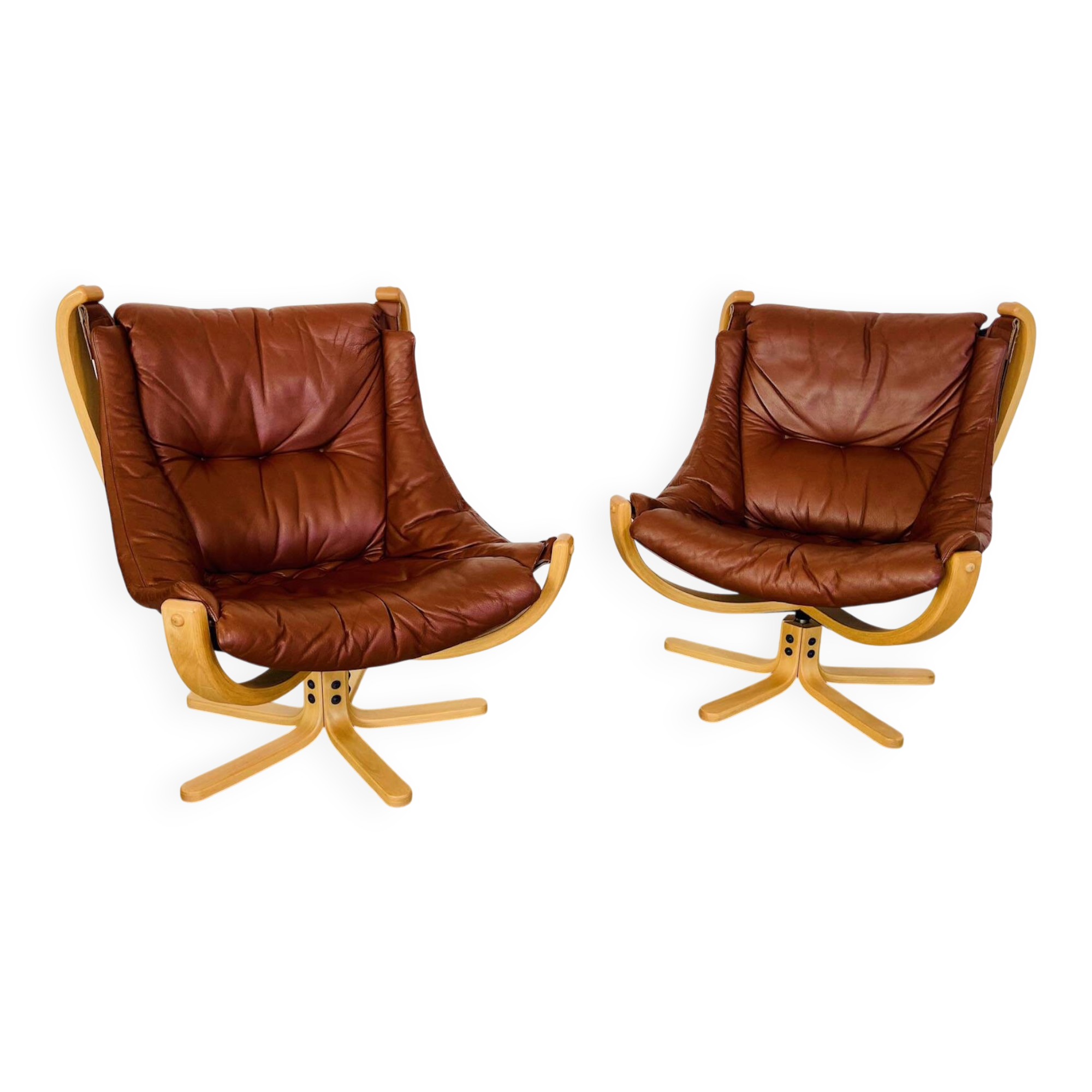 Svend Skippers vintage retro cognac leather swivel chair set 1970s