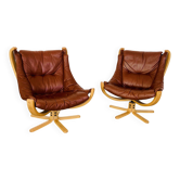 Svend Skippers vintage retro cognac leather swivel chair set 1970s