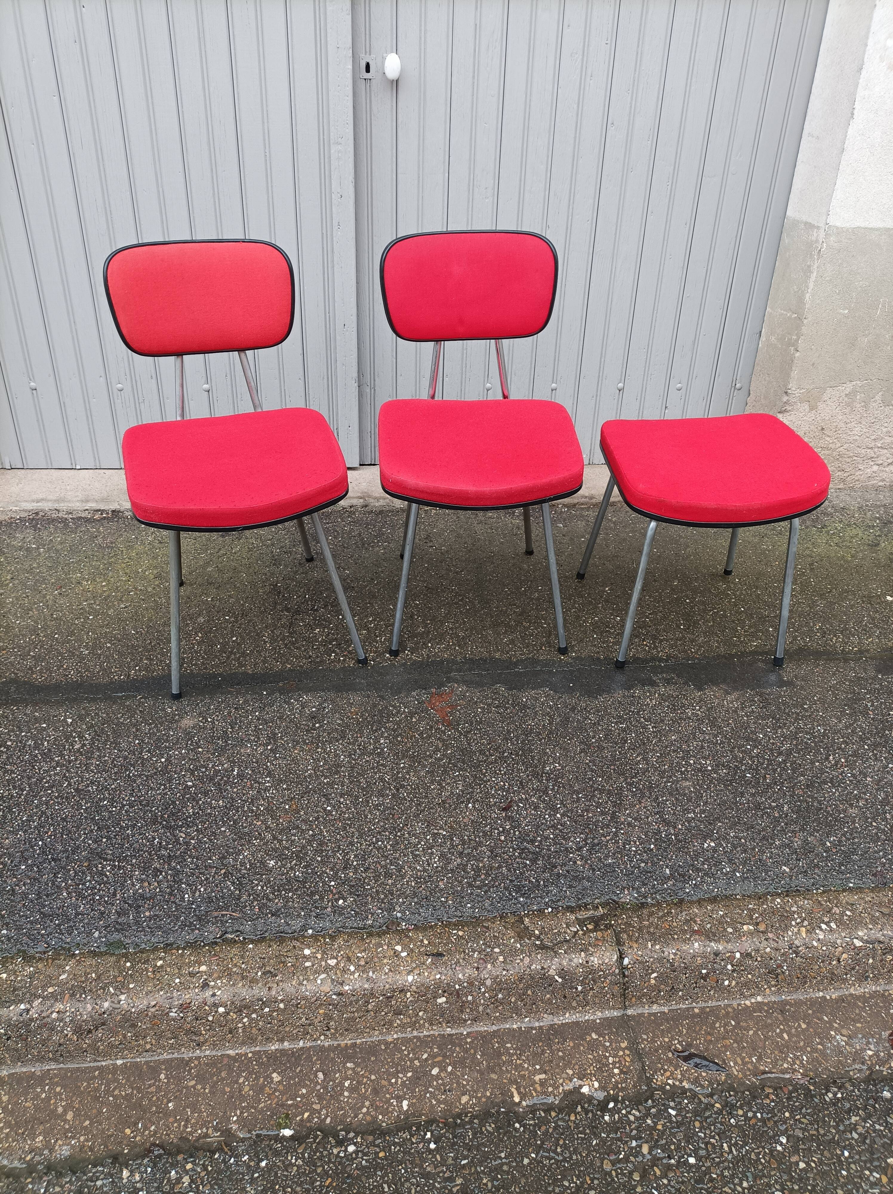 Set of 2 chairs and 1 vintage stool red fabric
