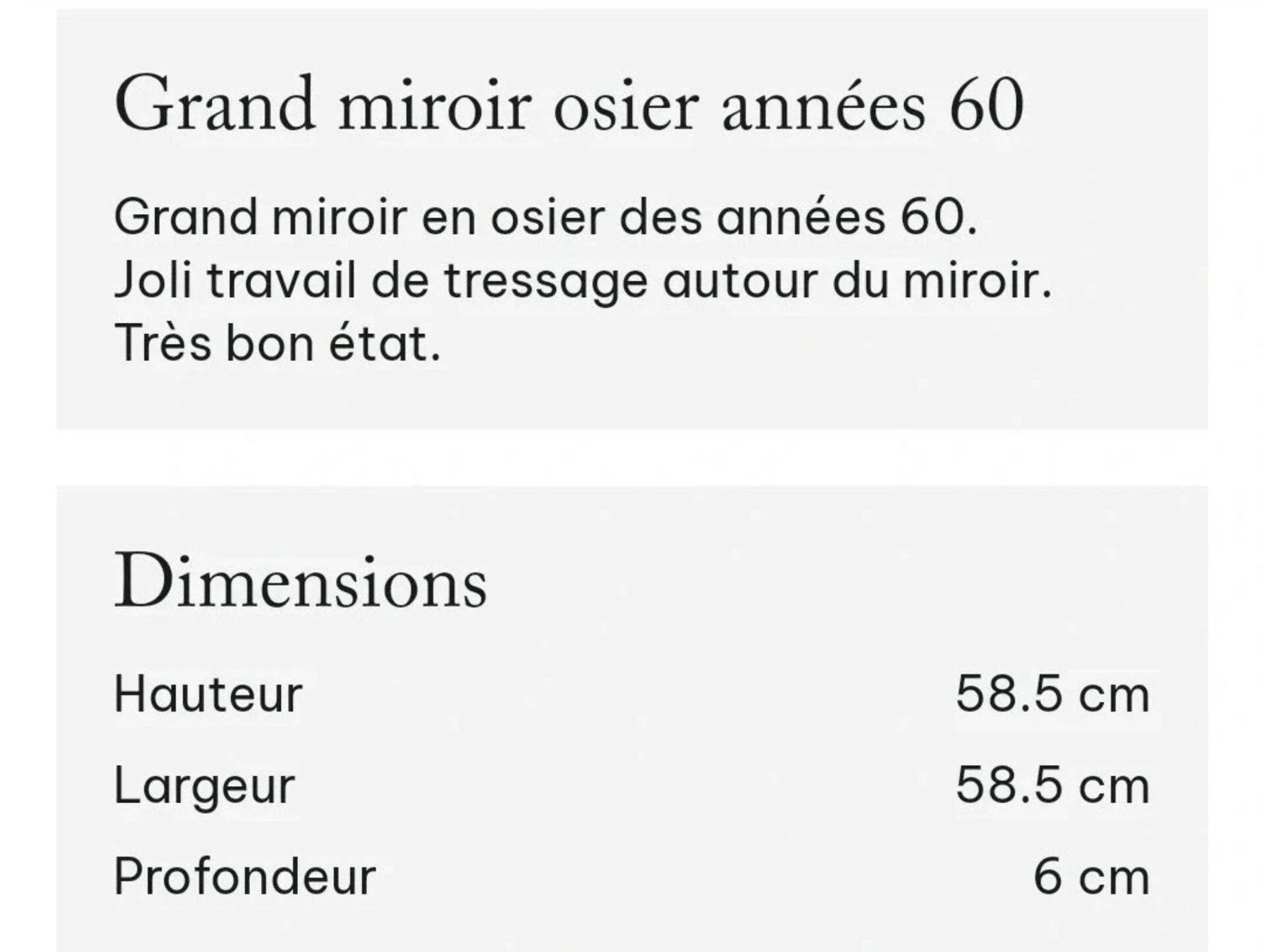 Grand miroir osier années 60