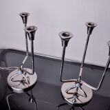 Pair of art deco candlesticks in stainless steel 3 flames and blue stones, Spain, 1970