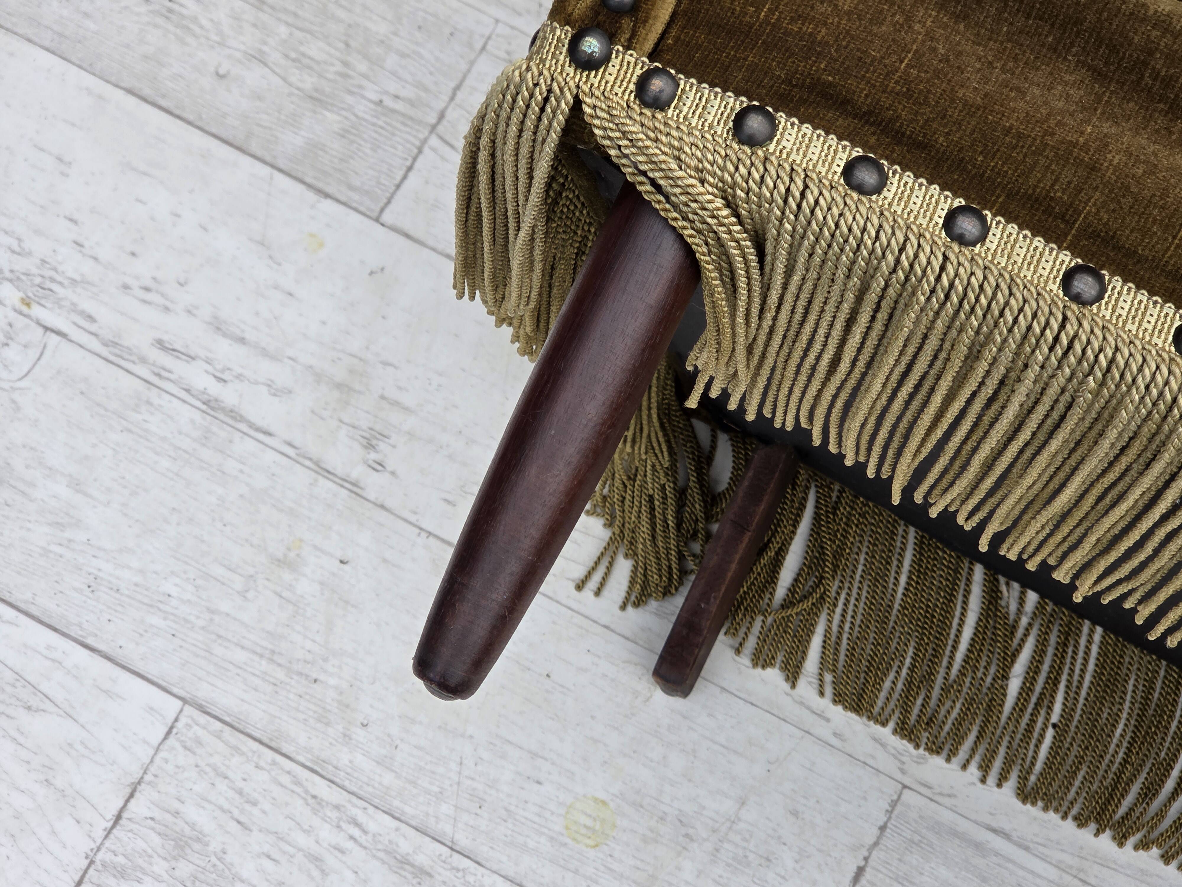 1970s, Danish armchair, green furniture velour, ash wood legs.