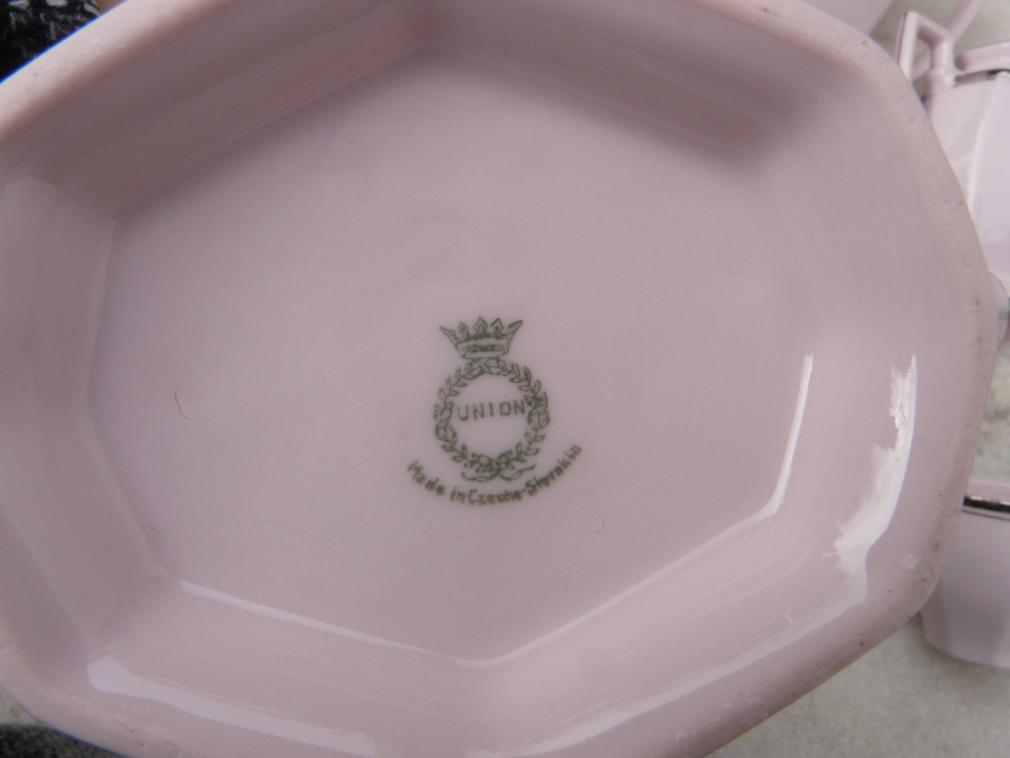 Coffee service, art deco tea, powder pink and silver stamped Czechoslovak porcelain