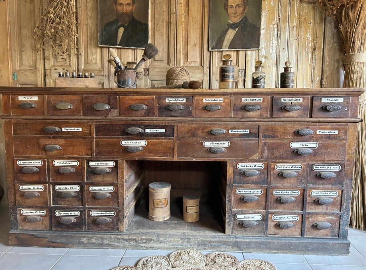 Exceptional antique apothecary workbench.