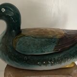 Central soup, dish and lid in polychrome enamelled ceramic, duck shape