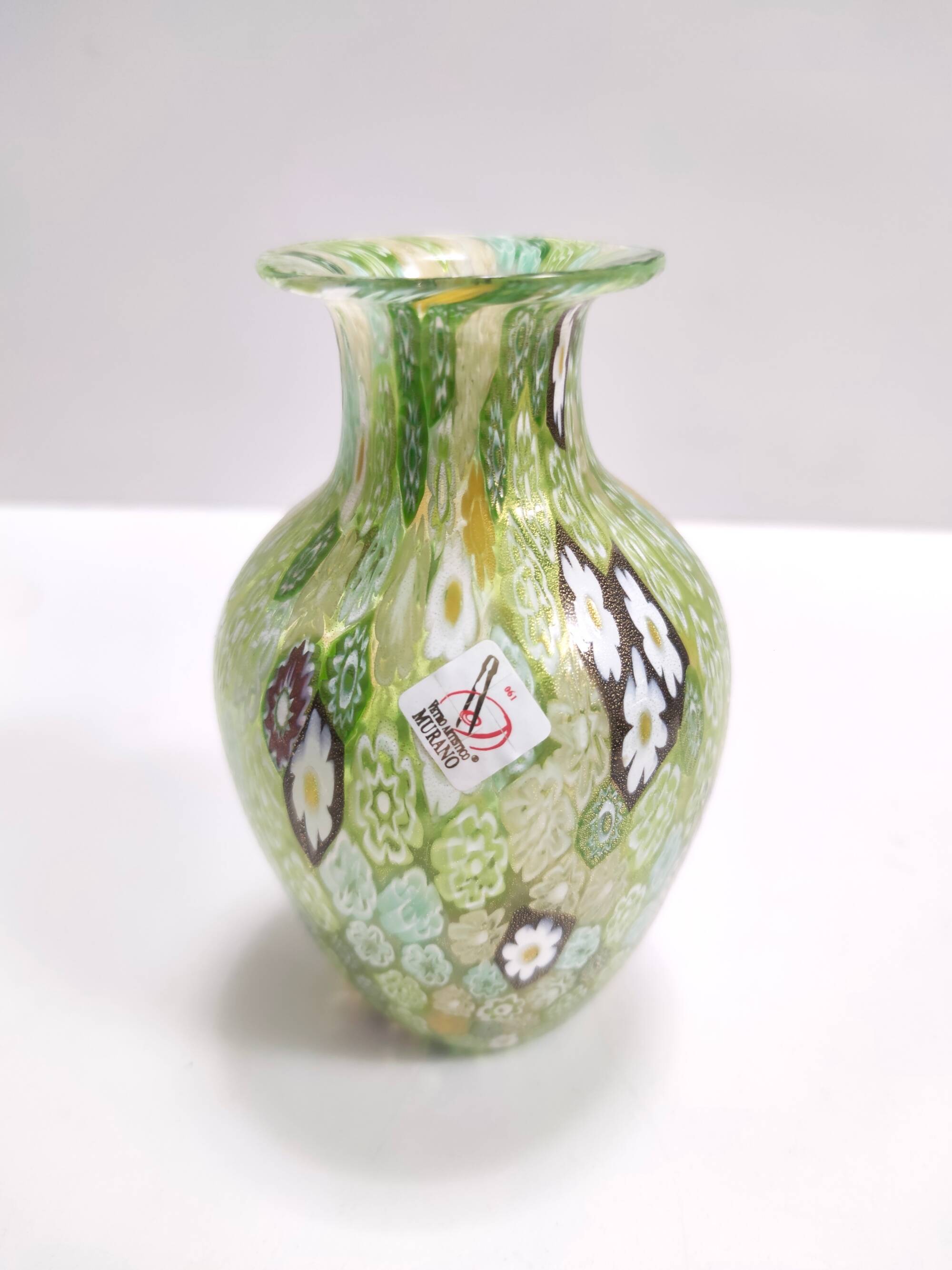 Millefiori Green Murano Glass Vase with Murrines and Gold Leaf, Italy