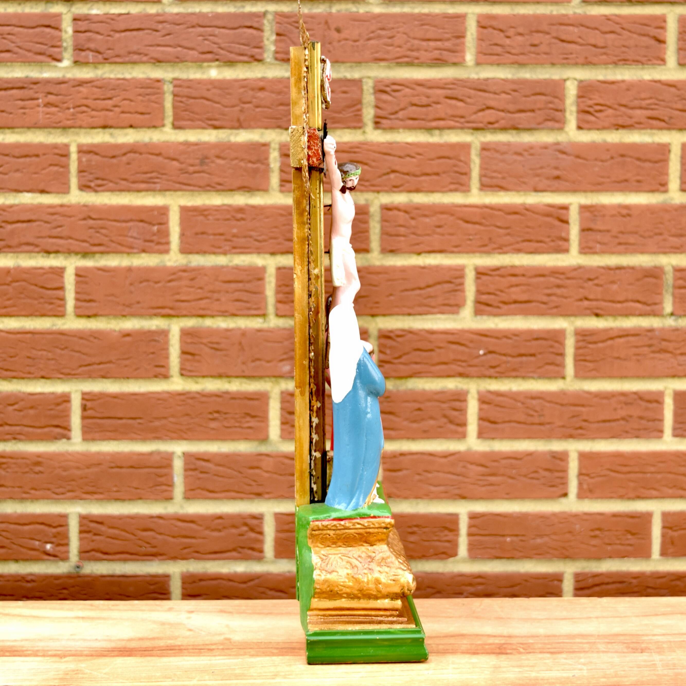 Vintage statuette Jesus on the Cross surrounded by Mary and John