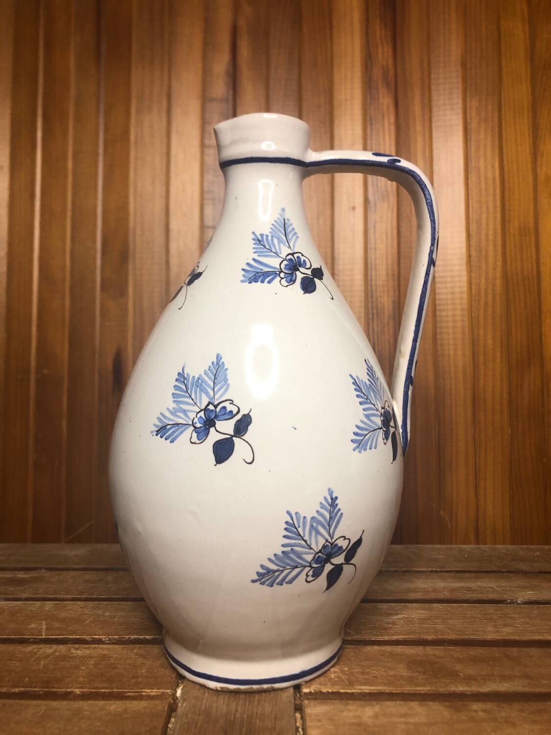 Old white ceramic pitcher vintage painted blue decor #a425