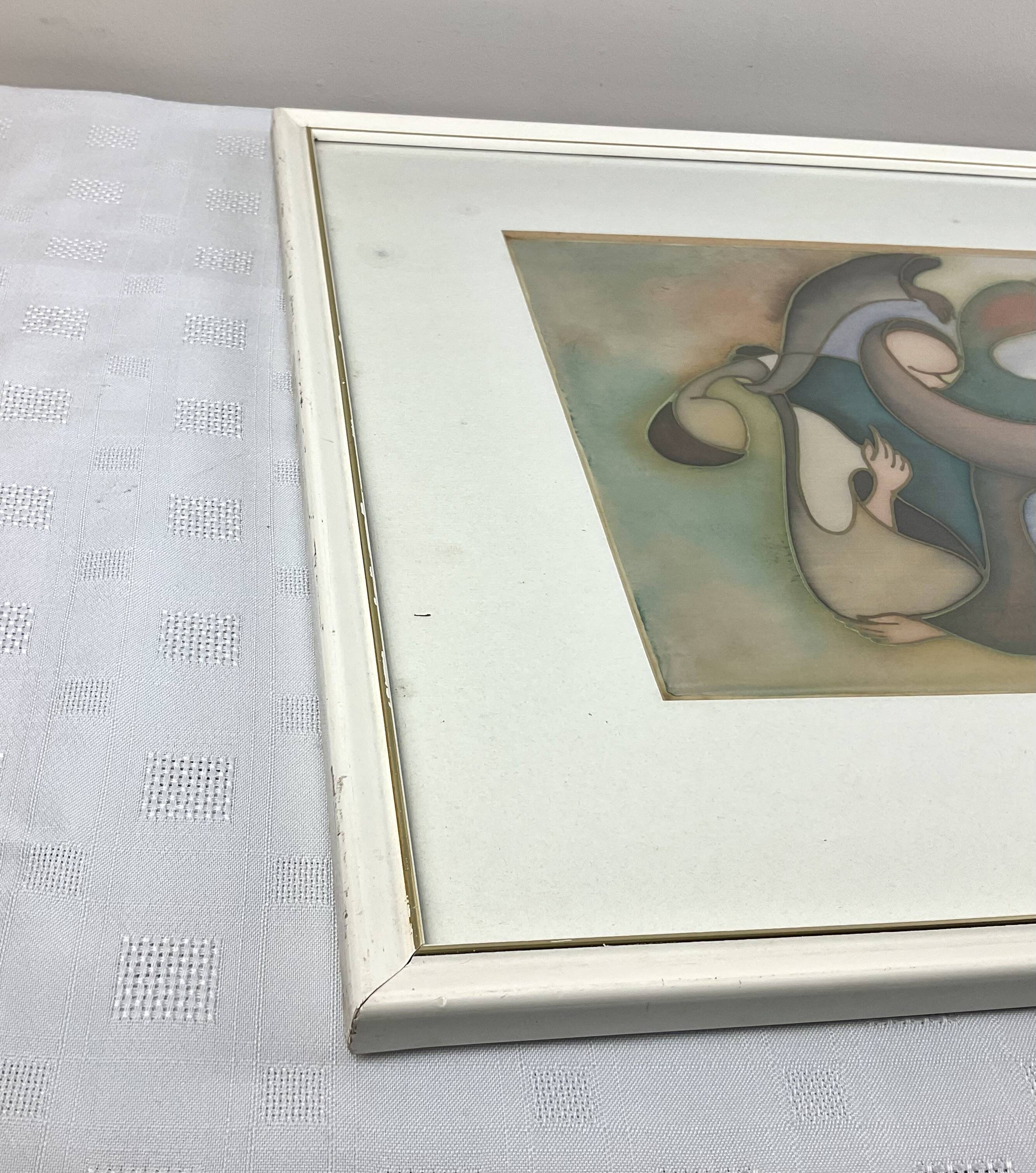 The dancers, painting on silk and vintage wooden frame