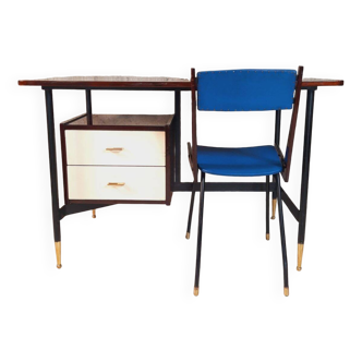 Bureau vintage avec plateau laqué et structure en fer et pieds pointus en laiton