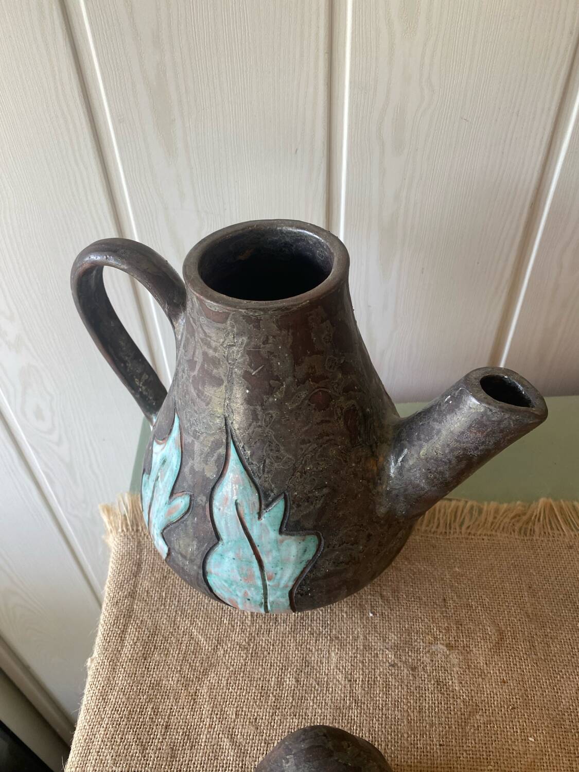 Enamelled terracotta teapot signed Keka