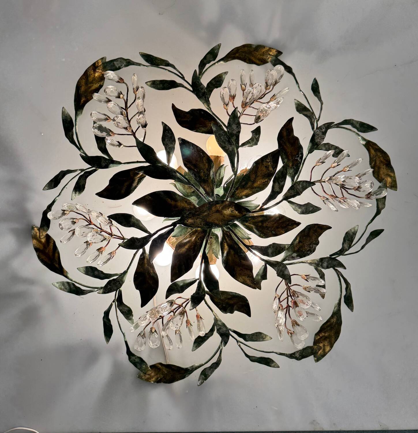 Large Florentine Tole Crystal Flushmount 1960’s