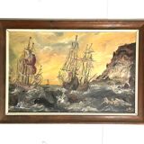 French oil painting on wood dutch 17th / early 18th century sailing ships in the sea storm