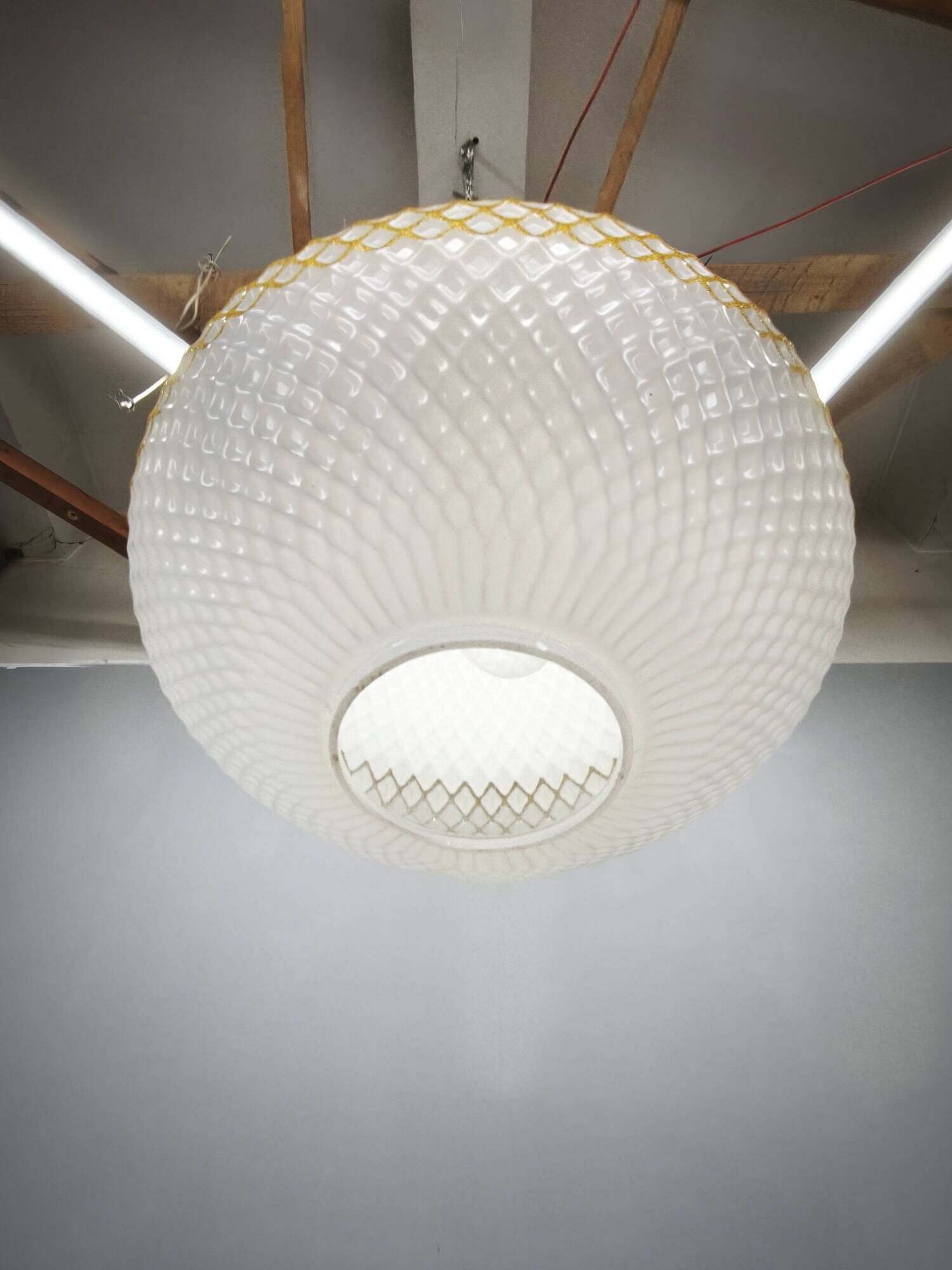 Czechoslovak Opaline Glass and Gold Pendant Light, 1970s