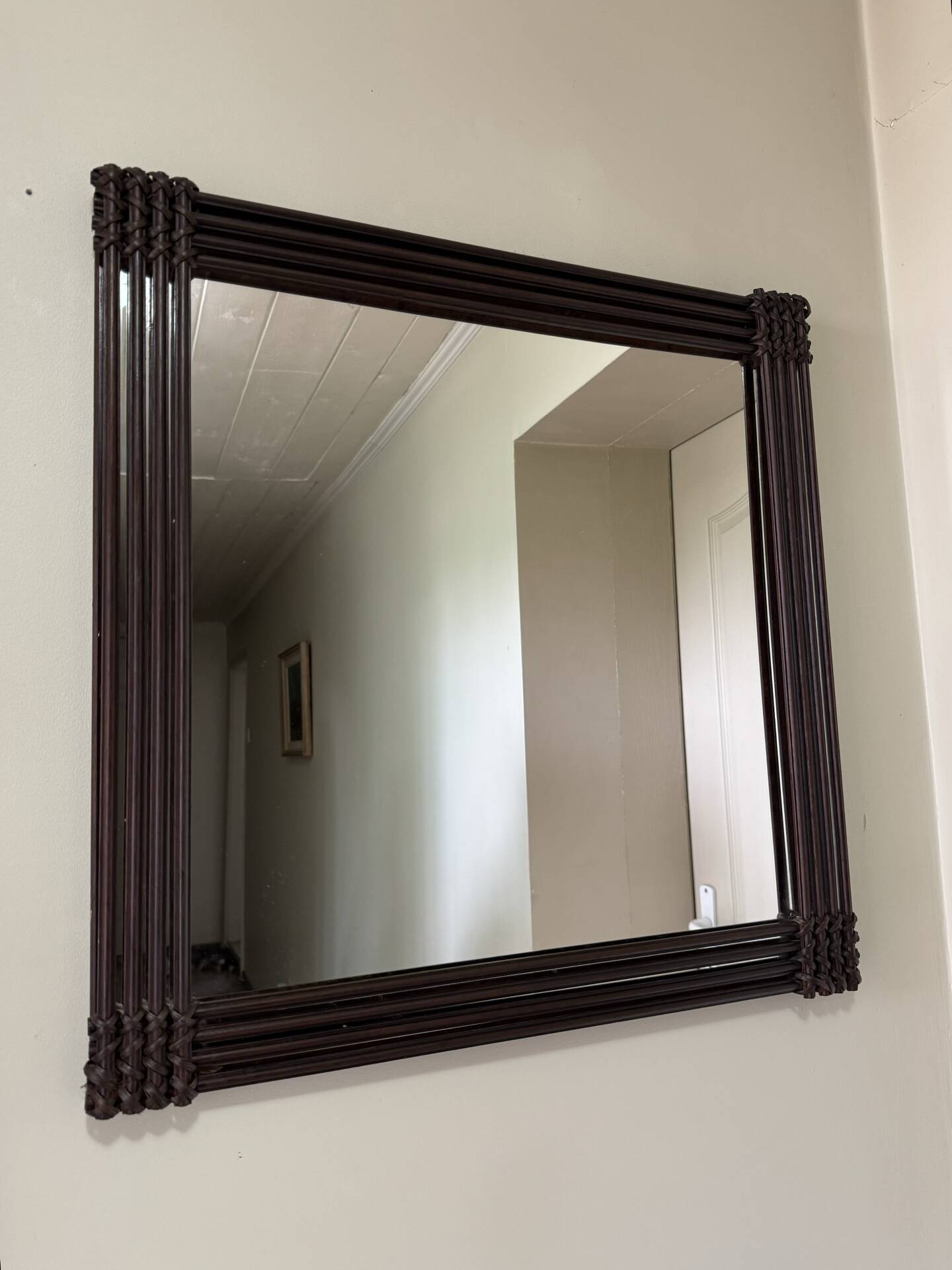 Mid Century Modern Large Squared Vintage Wicker Mirror